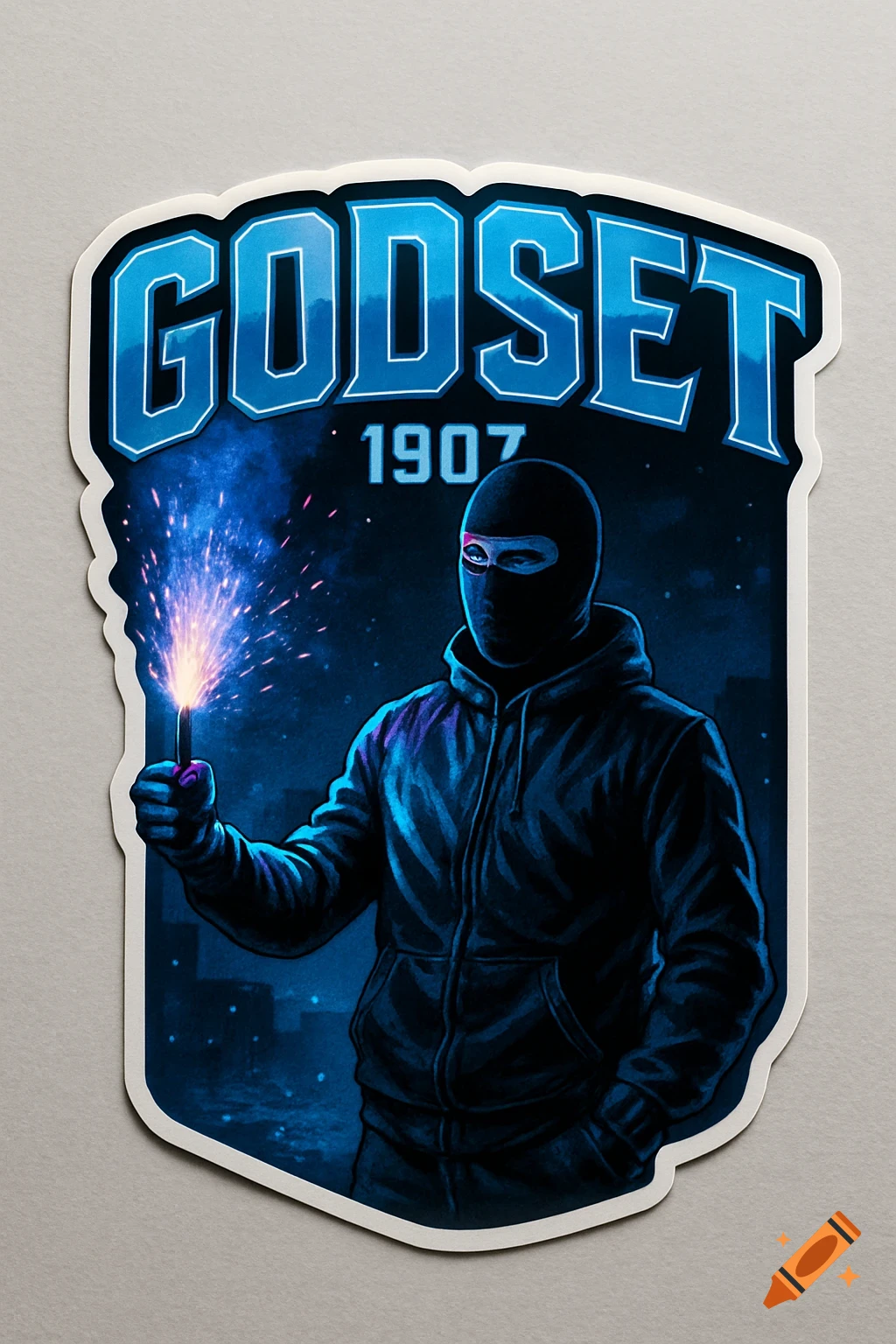 A stylized sticker design featuring a person in a black balaclava and hoodie, holding a lit blue flare, against a dark blue background with text "GODSET 1907".