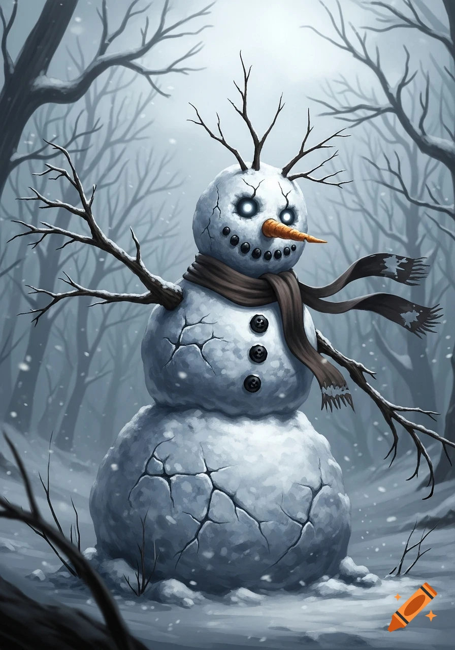 A creepy snowman with glowing eyes, a carrot nose, branch arms, and a brown scarf stands in a bleak, snowy winter forest.