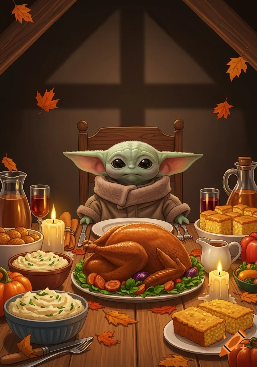 Baby Yoda sits at a cozy Thanksgiving table laden with a roasted turkey and other festive dishes, with autumn leaves falling around him.