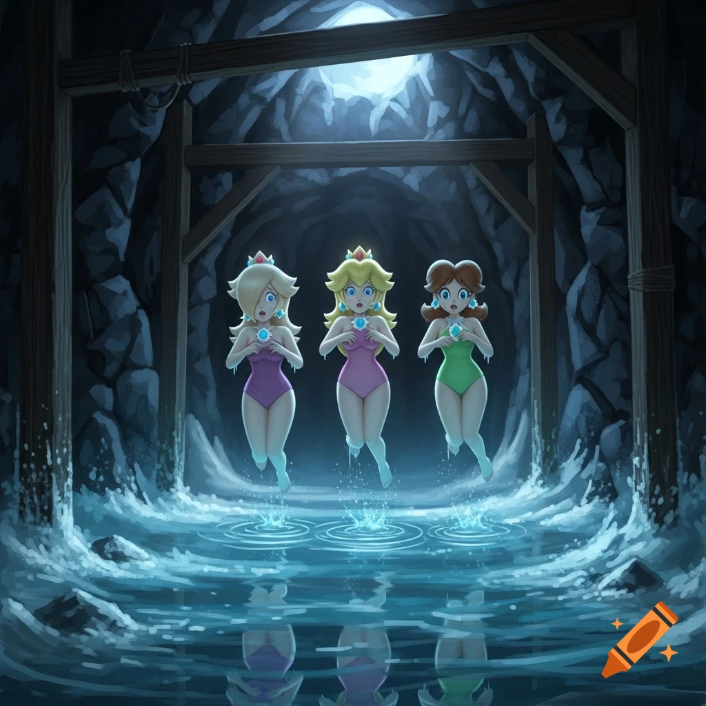 Animated illustration of Princess Rosalina, Peach, and Daisy in swimsuits, shivering and floating in a dark, flooded mineshaft with turbulent water.