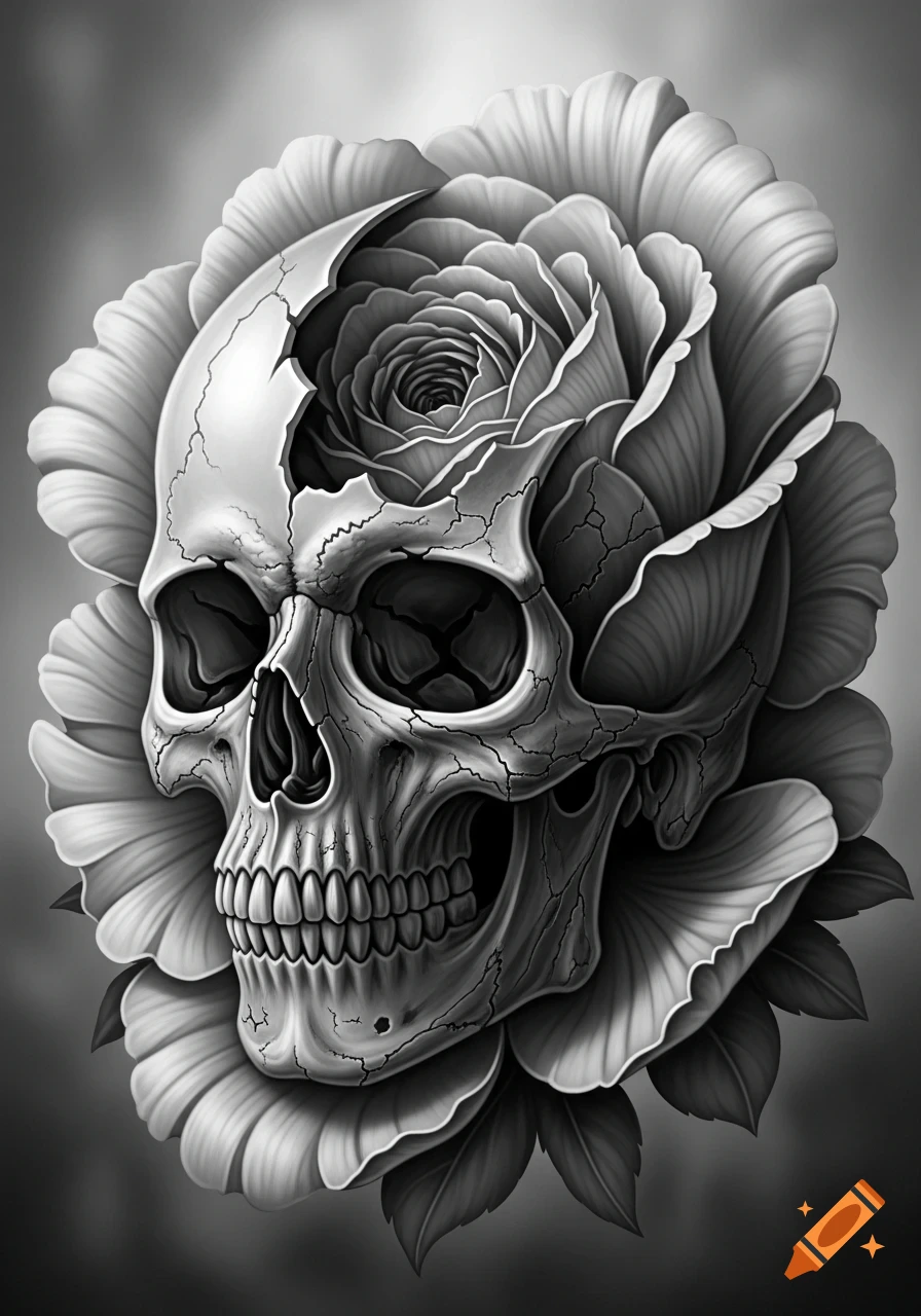 Greyscale illustration of a cracked skull emerging from the center of a blooming rose, with intricate details.