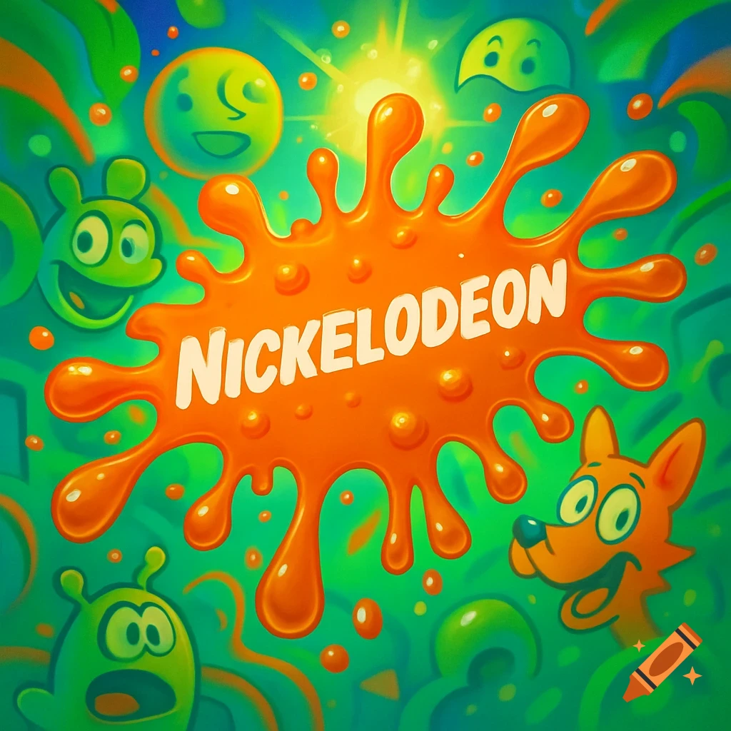 Vibrant cartoon image with orange Nickelodeon slime logo, surrounded by green cartoon characters on a bright green background.