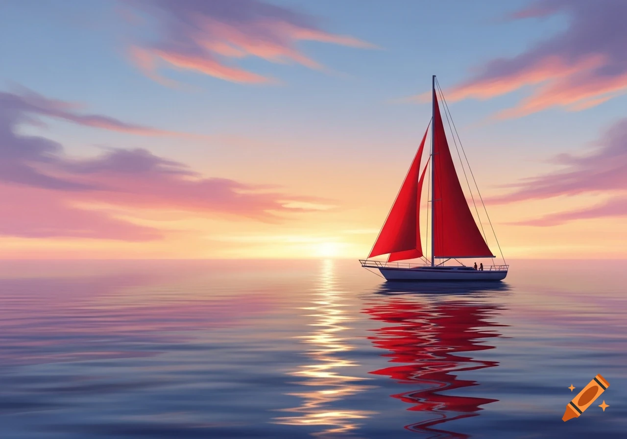 A sailboat with red sails on a calm sea, reflecting a vibrant sunset sky with pink and orange clouds.