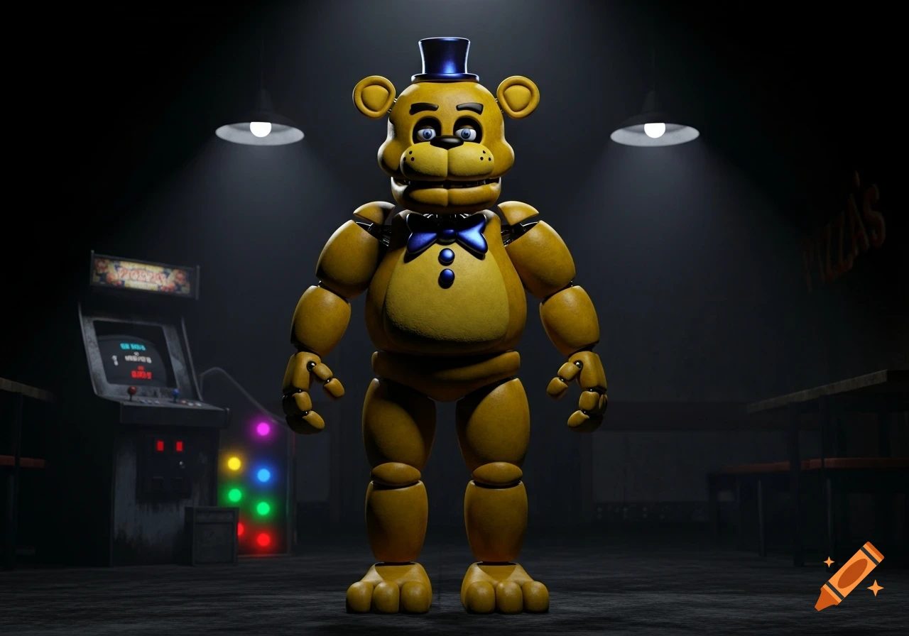 A yellow bear character from FNAF with a blue top hat and bowtie stands in a dark arcade room with spotlights.