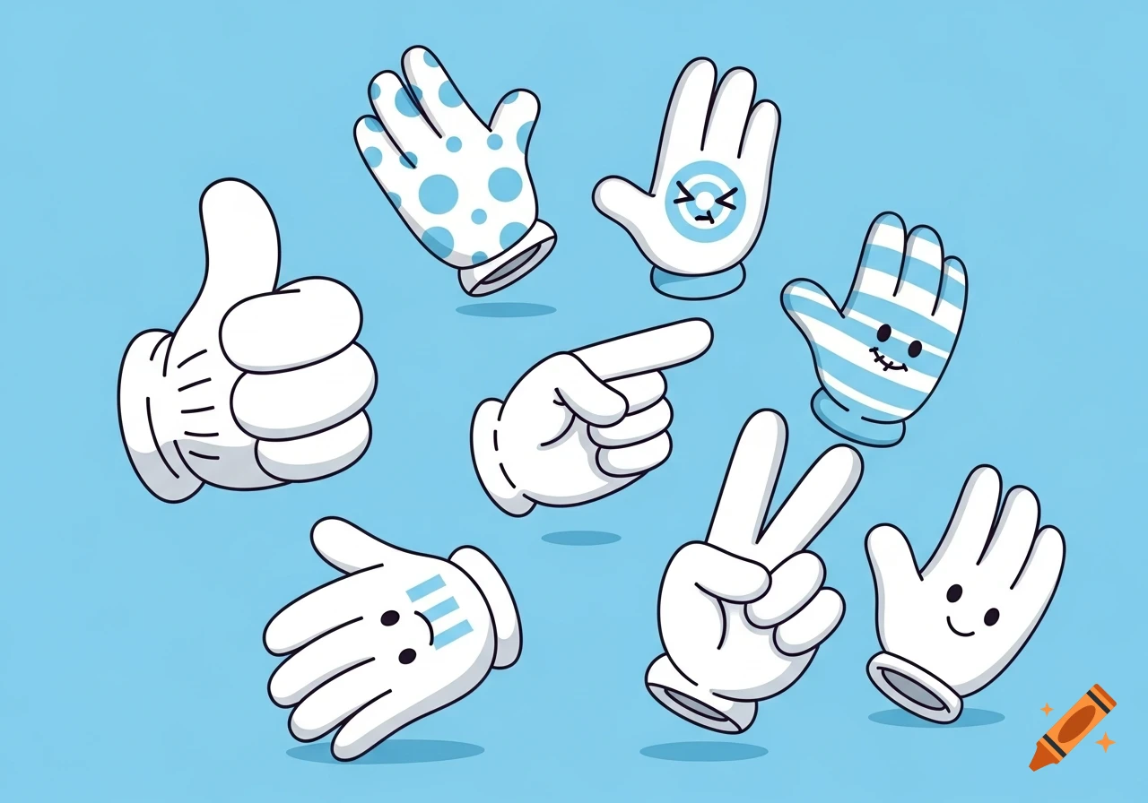 A collection of cartoon white gloves, some with blue patterns or facial features, displaying various hand gestures like thumbs up and peace sign on a light blue background.