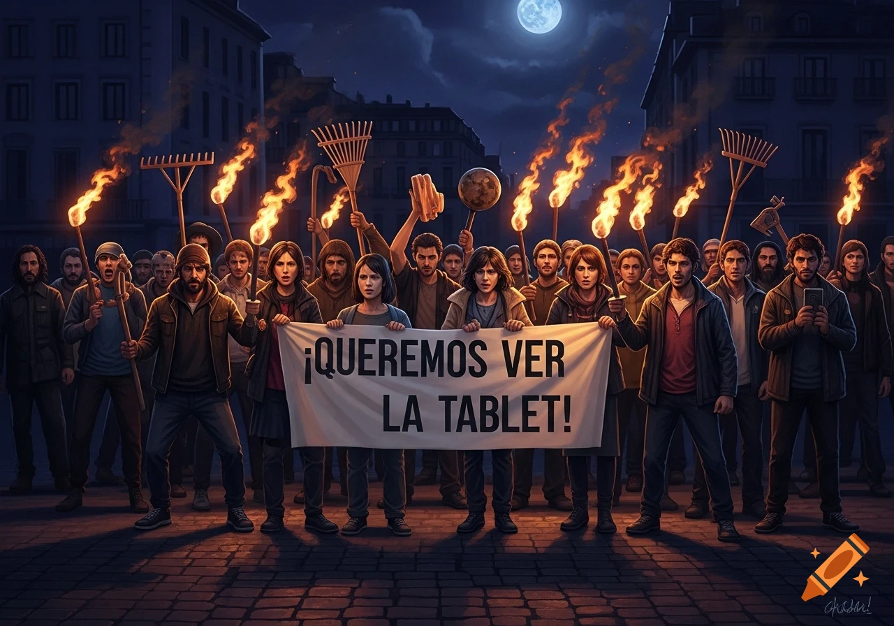 An indignant crowd of people at night holding torches, rakes, and sticks, marching on a cobblestone street with a full moon, holding a banner that reads "¡QUEREMOS VER LA TABLET!"