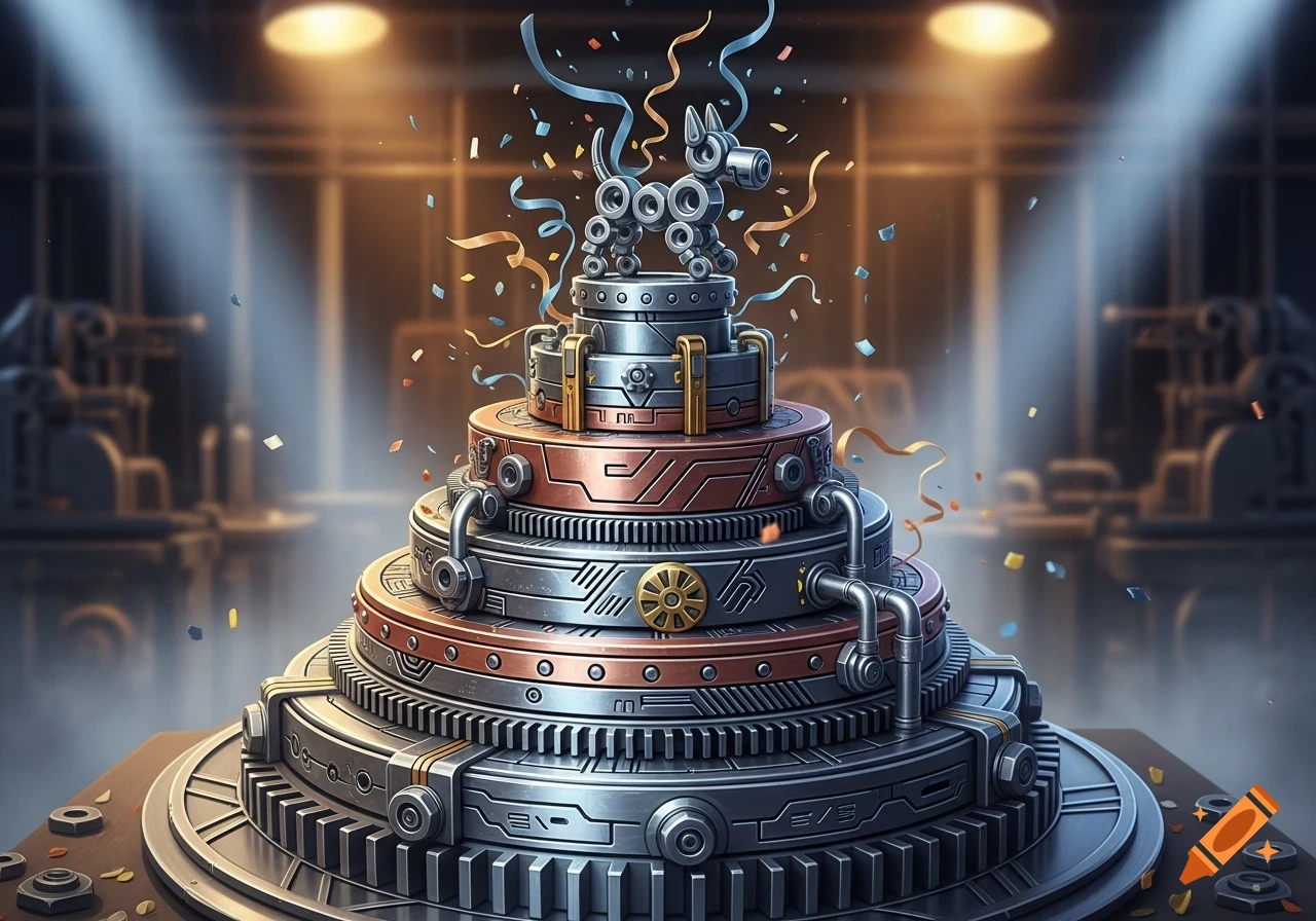 A tiered industrial-style birthday cake with gears and metal parts, topped with a robot dog, covered in confetti.