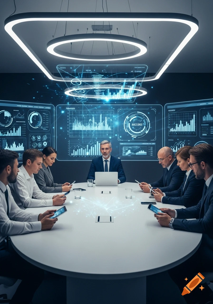 Professionals in a modern conference room with glowing data screens and tablets, engaged in a meeting, photorealistic.