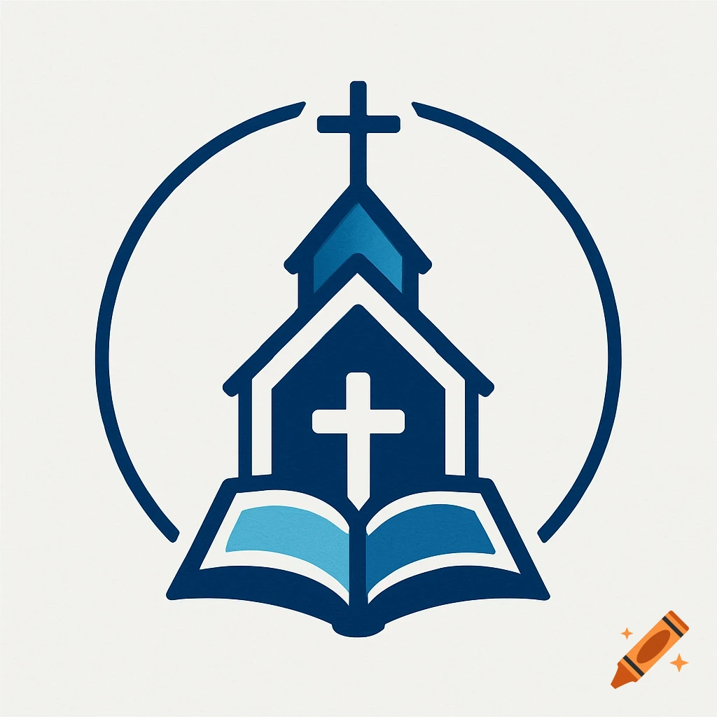 A blue logo with a stylized church, cross, and open bible within a broken circle.