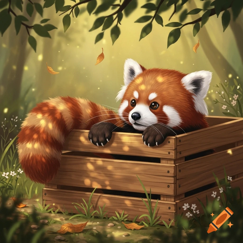 A cute, stylized red panda with a bushy striped tail peeks out of a wooden crate in a sun-dappled forest.