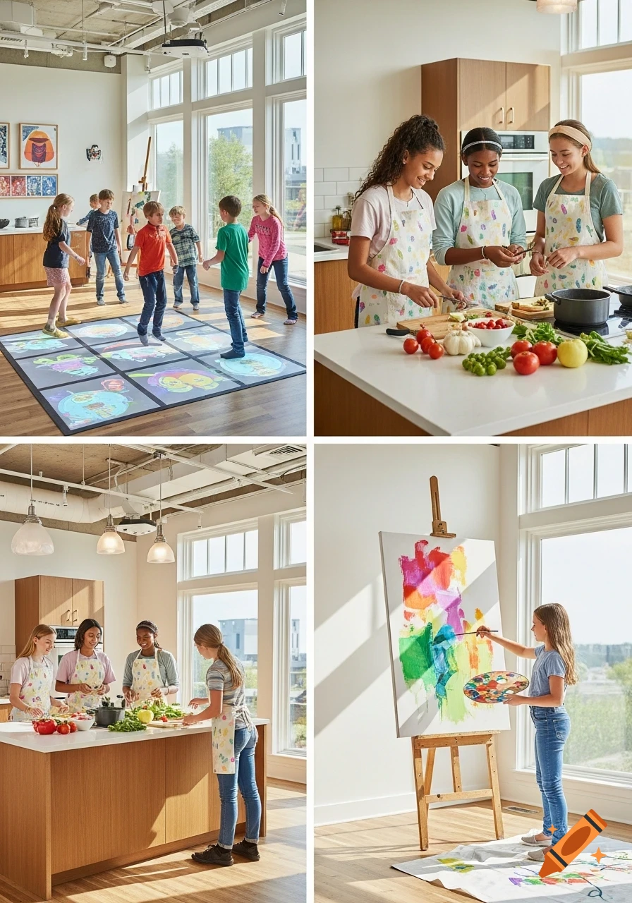 Collage of kids and teens engaged in various activities: playing an interactive floor game, cooking in a kitchen, and painting colorful abstract art.