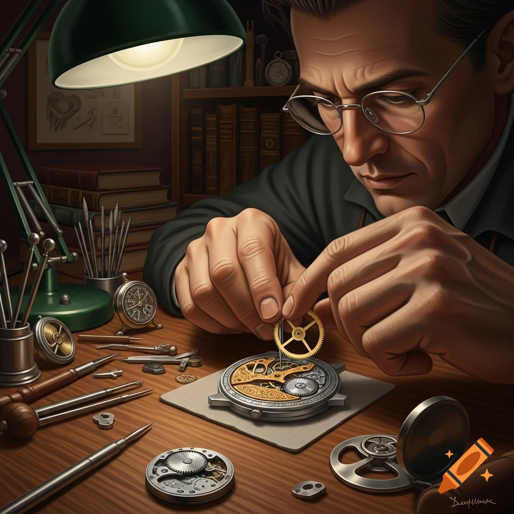 A watchmaker intently places a gear into a watch movement, surrounded by tools on a desk lit by a lamp.