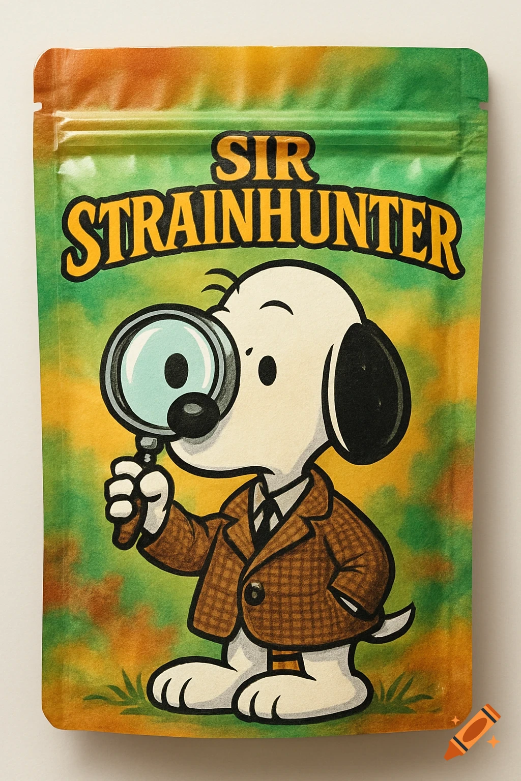 Cartoon white dog in a tweed jacket with a magnifying glass on a green and orange bag, text 'SIR STRAINHUNTER'.