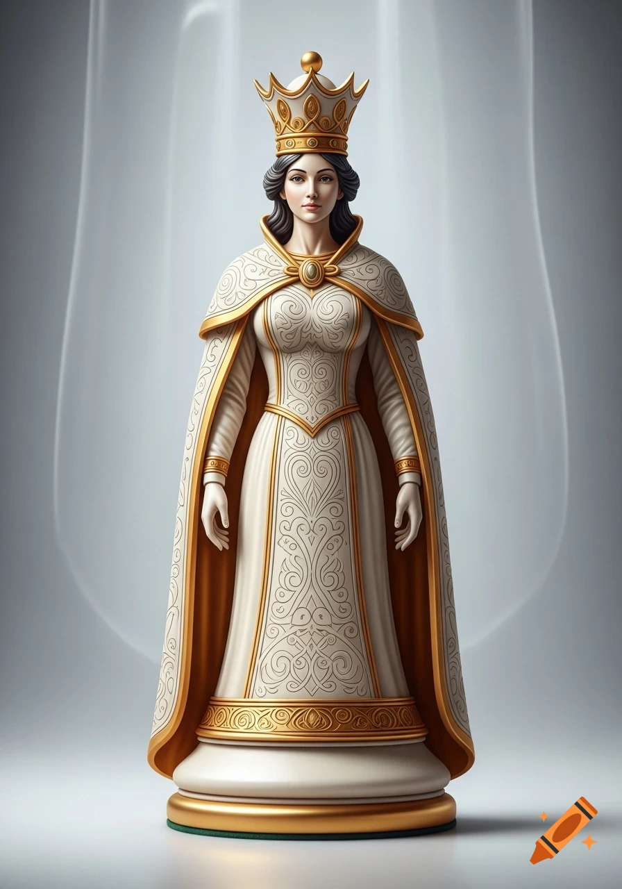 A white and gold chess queen piece with a crown and an ornate dress, standing against a light grey background.