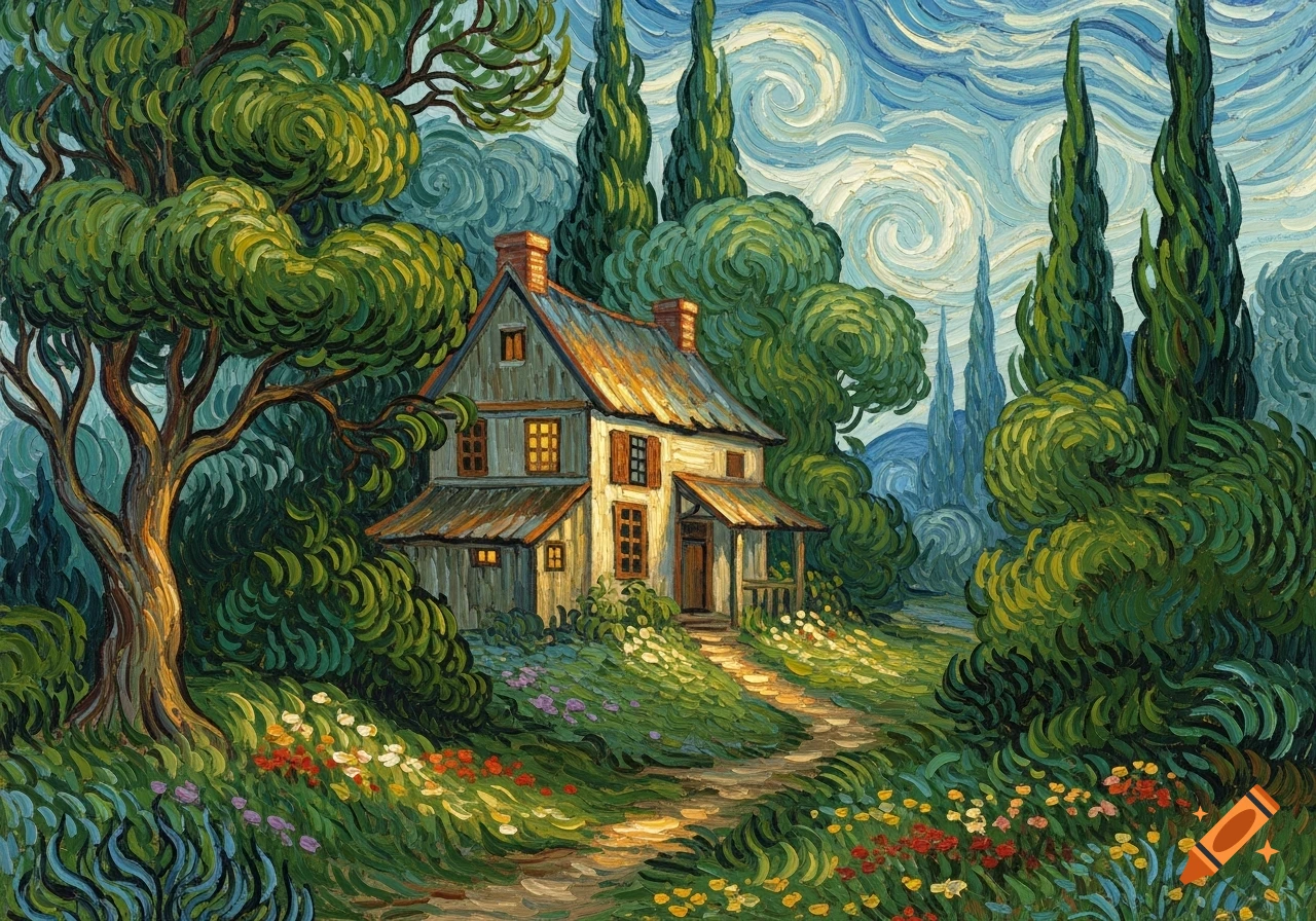 A vibrant Van Gogh style oil painting of a cottage nestled in a lush forest, with a winding path and a swirling blue sky.
