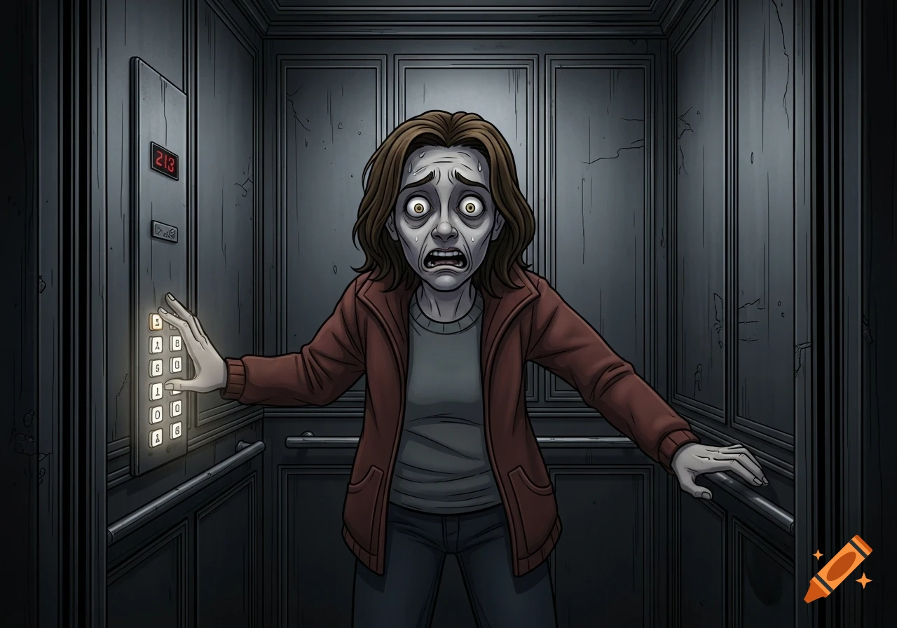 A cartoon woman with wide, terrified eyes stands in a dark, creepy elevator, her hand hovering over the buttons.