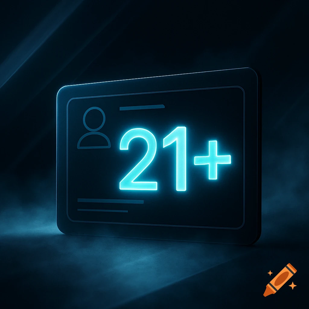 A glowing neon blue '21+' on a dark, sleek ID card, surrounded by subtle fog, in a digital art style.