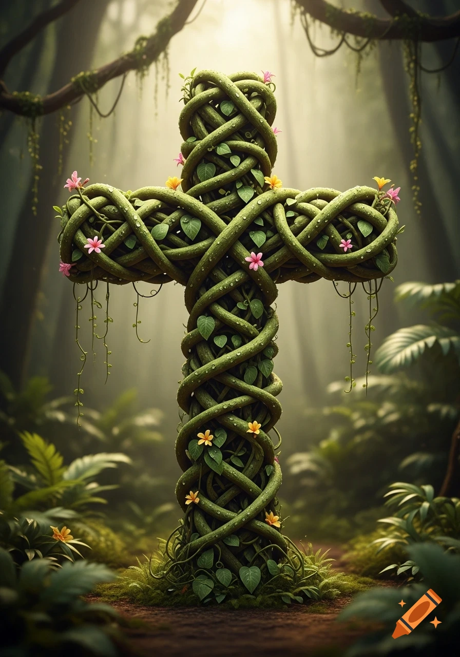 A large cross intricately woven from green liana vines, adorned with small pink and yellow flowers, in a lush, misty forest.