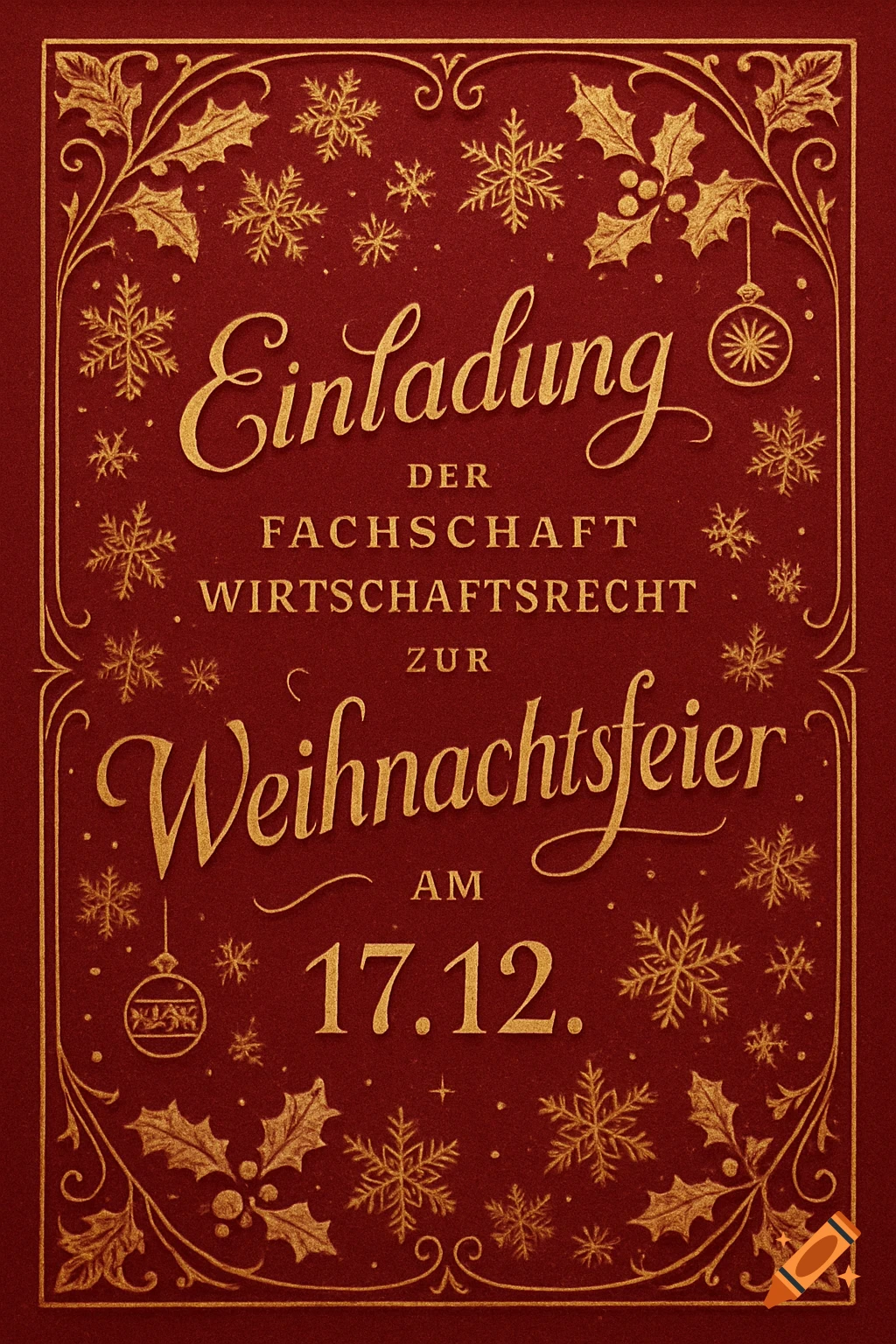 A decorative Christmas invitation in red and gold with holly and snowflakes, featuring text for a holiday party.