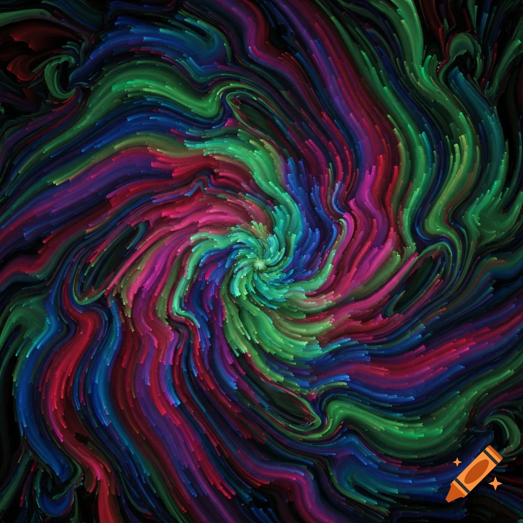 A vibrant abstract image with a swirling pattern of red, green, blue, and purple lines on a dark background.