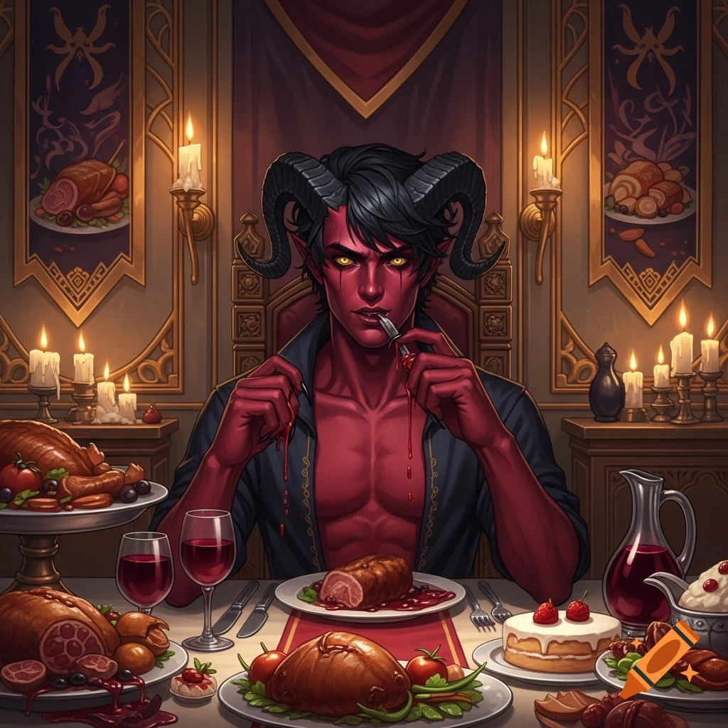 Red-skinned, horned demon with yellow eyes sits at a grand dinner table filled with various meats and desserts, eating. Fantasy illustration.