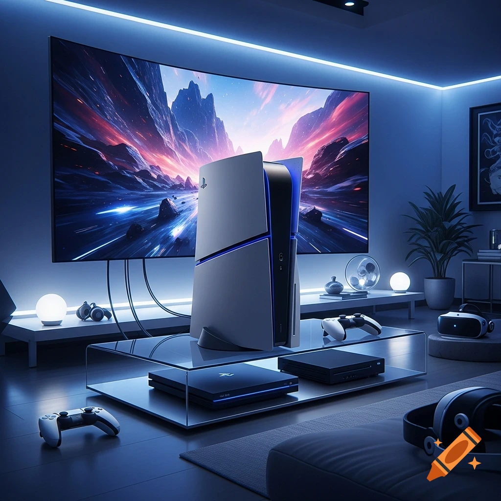 A modern gaming setup featuring a white PlayStation 5 console, a large ...