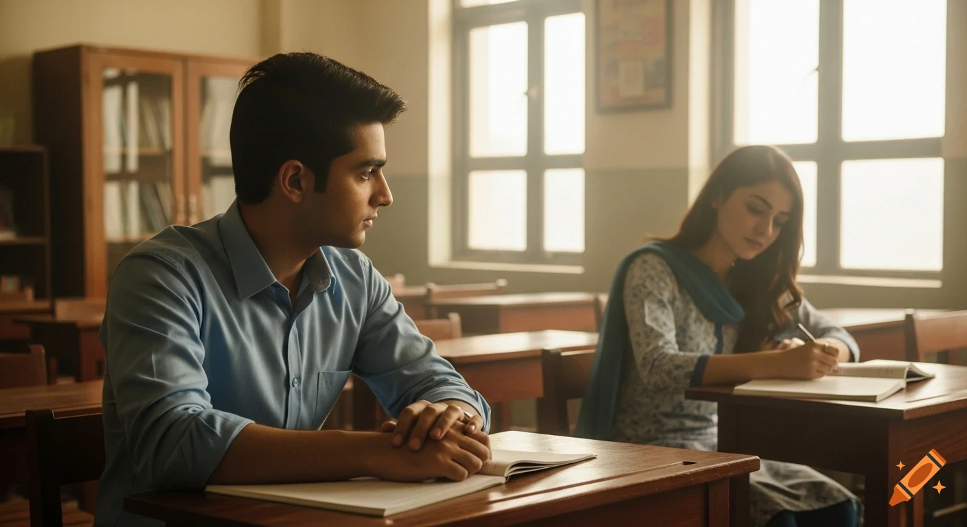 A young man in a blue shirt looks toward a young woman writing in a notebook in a sunlit, photorealistic classroom.