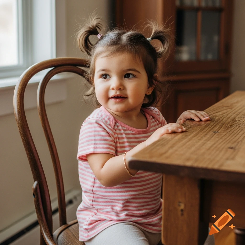 A smiling toddler girl with pigtails and a striped shirt sits at a wooden table, looking out a window.