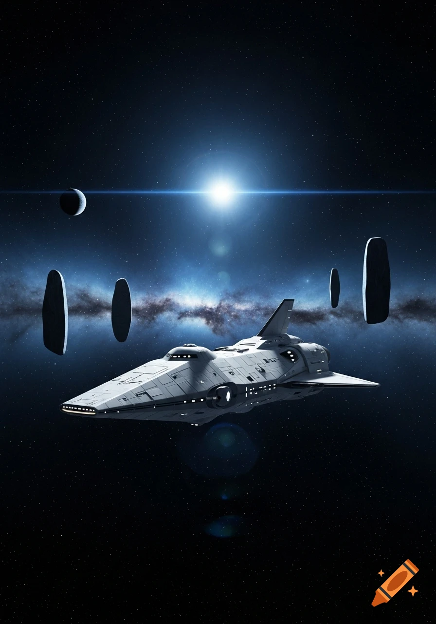 A futuristic white spaceship flies through deep space with a bright sun, a moon, and several large dark monoliths against a blue galaxy.