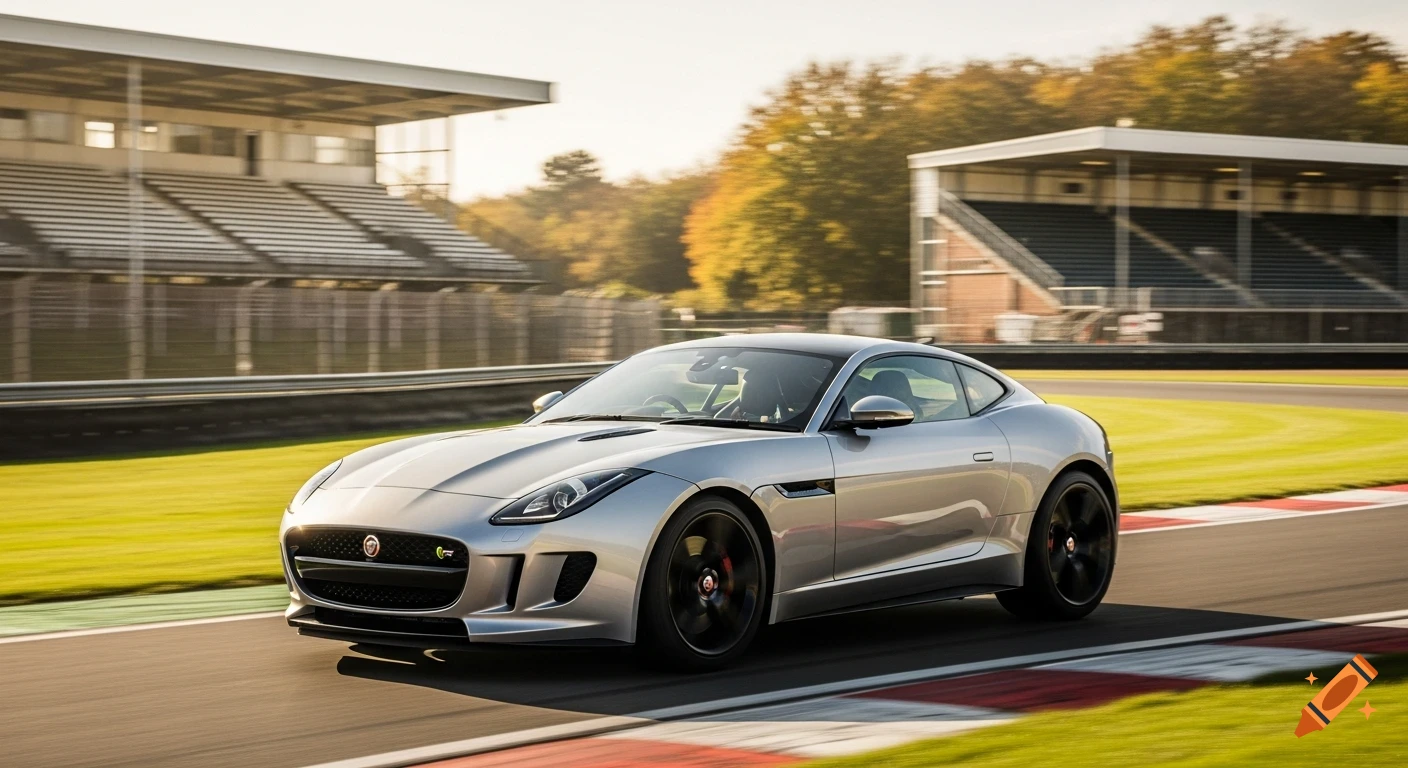 A silver Jaguar F-TYPE sports car speeds around a track at Donington Park, with grandstands in the background. Photorealistic.