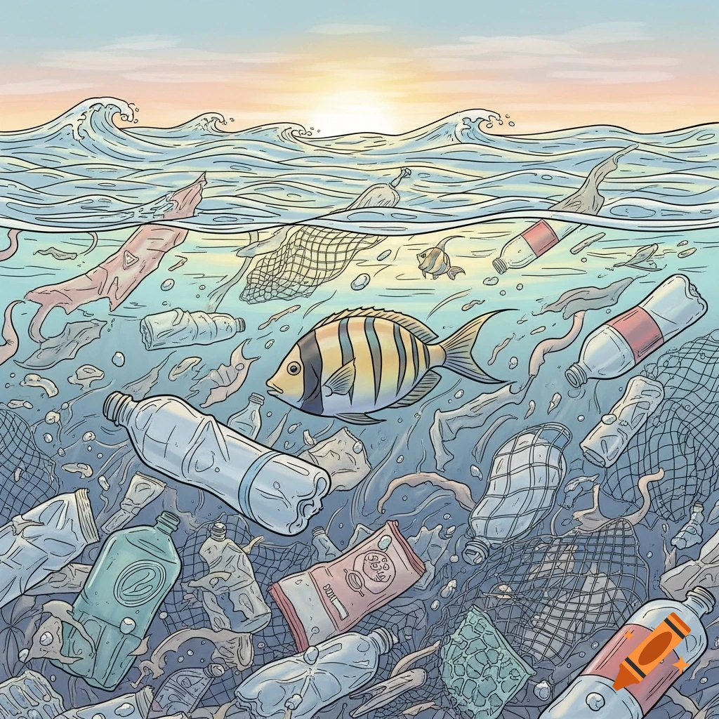 Hand-drawn illustration of a striped fish swimming amidst plastic pollution in the ocean at sunset.