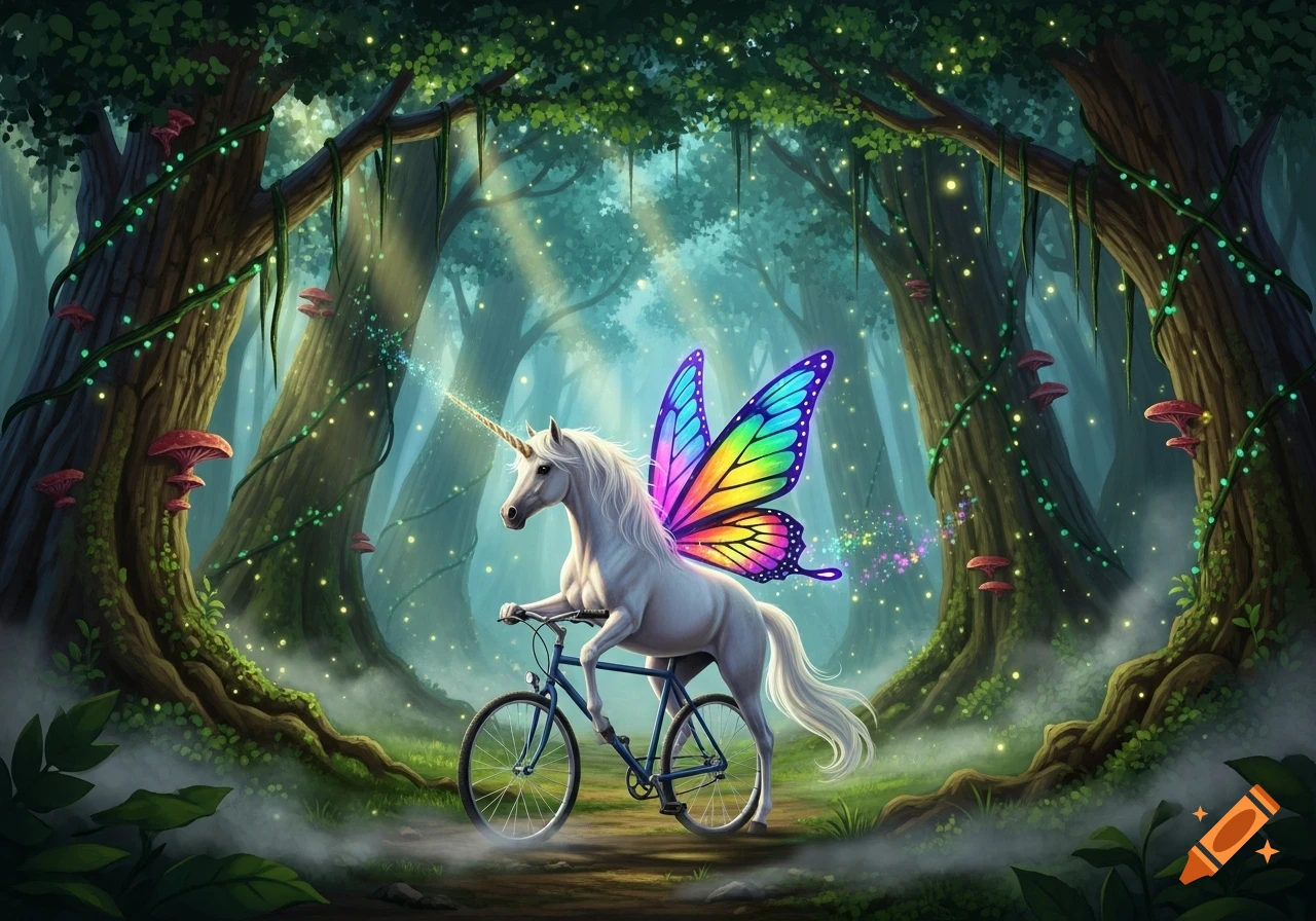 A white unicorn with rainbow butterfly wings rides a bicycle through a magical forest glowing with lights and red mushrooms.