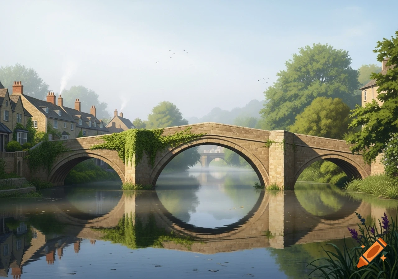 A picturesque stone bridge with arches spans a misty river, flanked by old houses and lush green trees under a clear sky.