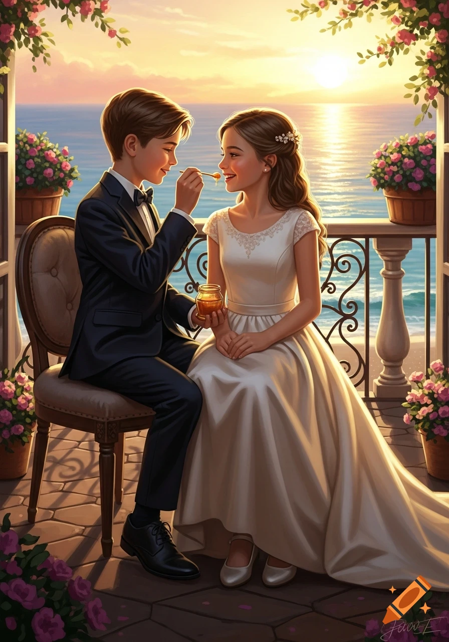 Digital art of a boy feeding a girl honey on a romantic balcony overlooking a sunset ocean.