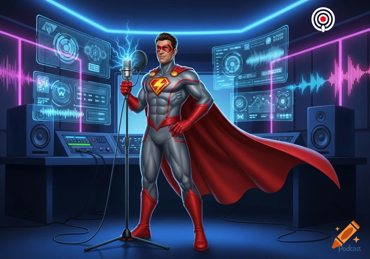 A muscular superhero in a gray and red suit with a red cape stands in a neon-lit podcast studio, holding a microphone that emits blue lightning.
