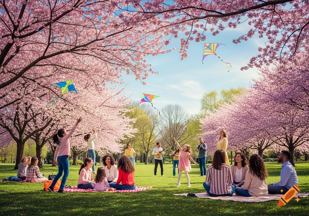 People enjoy a sunny day in a park filled with pink cherry blossom trees, picnicking and flying kites.
