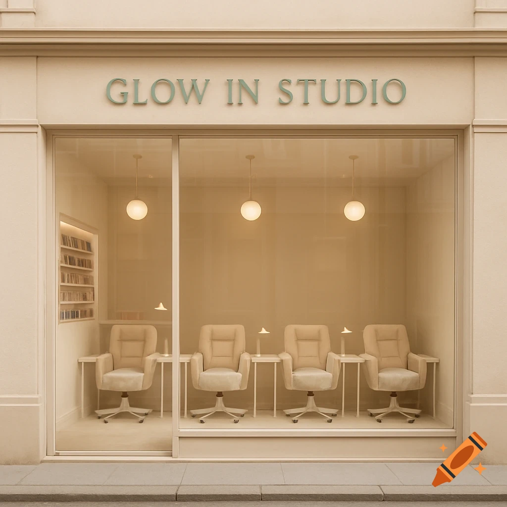 Photorealistic 'Glow In Studio' salon storefront. Beige facade, transparent windows show four manicure chairs and nail polish display.