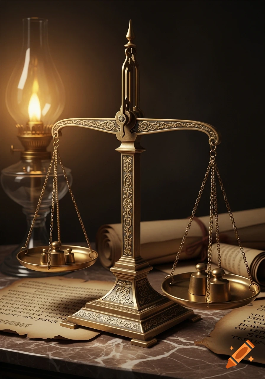 Ornate brass scale of justice on a marble surface with an illuminated oil lamp and old scrolls.