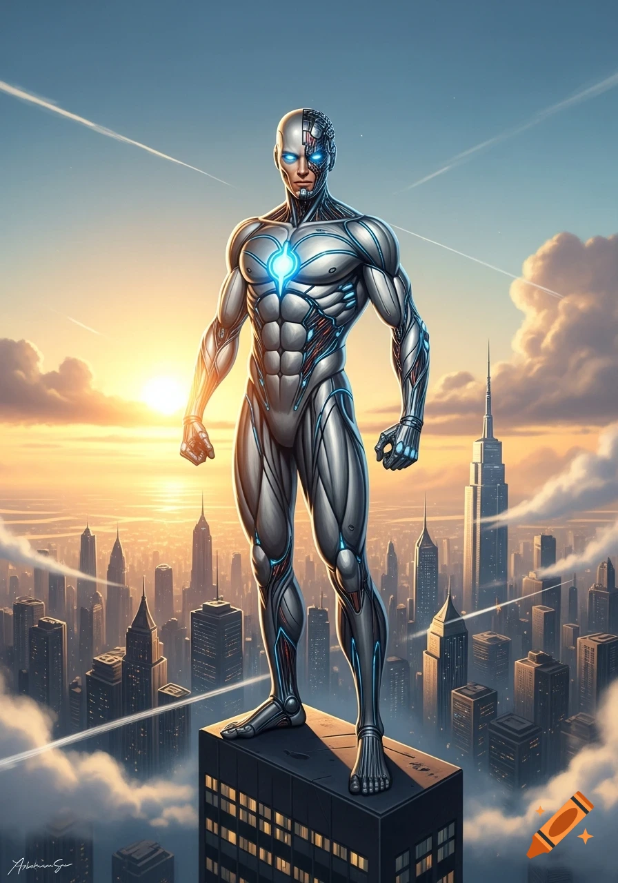 A muscular silver cyborg with glowing blue eyes and chest stands on a skyscraper, overlooking a city skyline at sunset.