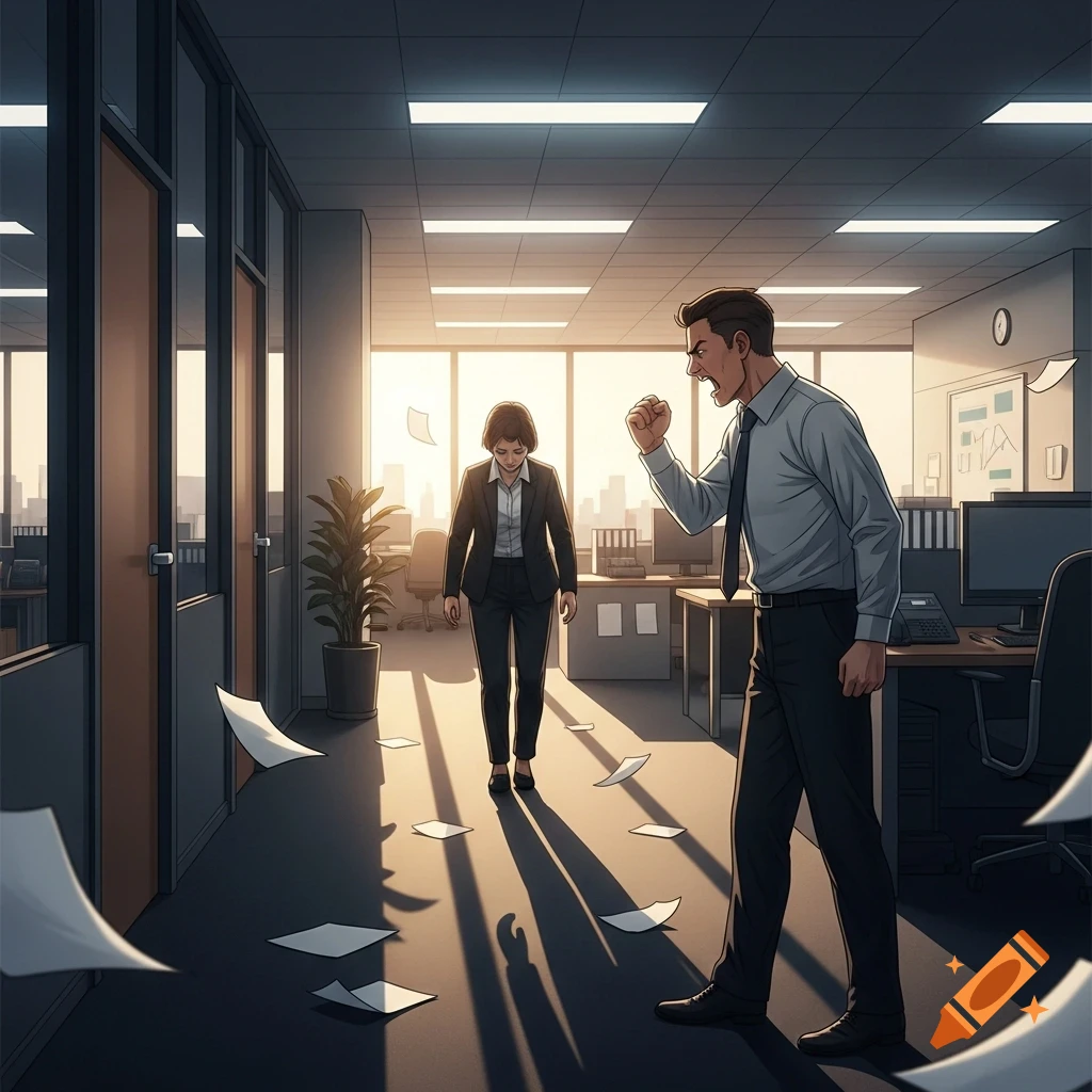 An angry man shouts at a downcast woman in an office setting with scattered papers, in a graphic novel style.