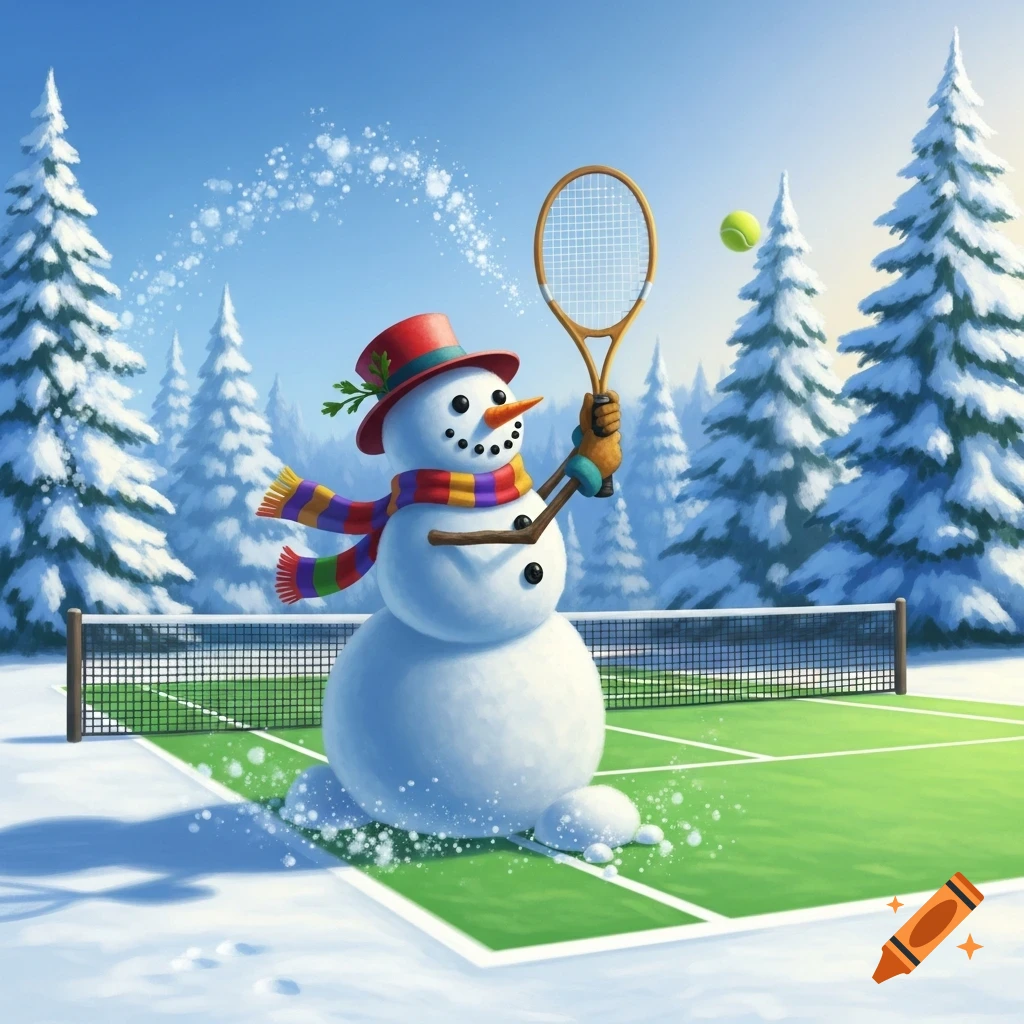 A cheerful snowman wearing a red hat and striped scarf plays tennis on a green court surrounded by snow-covered pine trees under a blue sky.