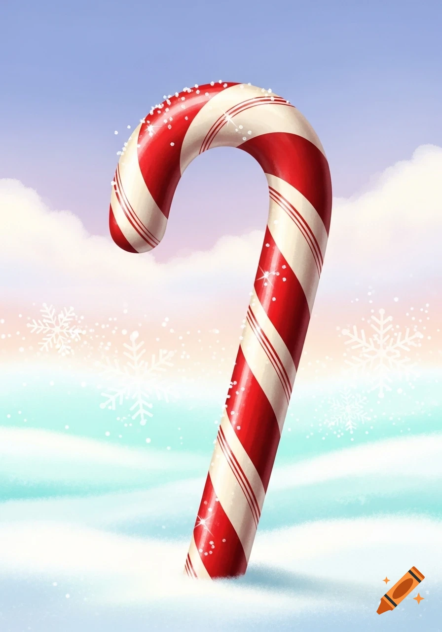 A red and white striped candy cane stands upright in snow, with a soft pastel sky and snowflakes in the background.