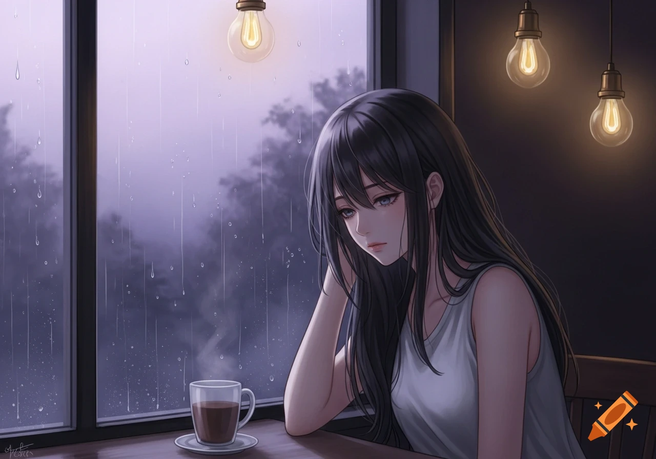 Sad anime girl looking out a window at the rain with a steaming cup of coffee next to her.