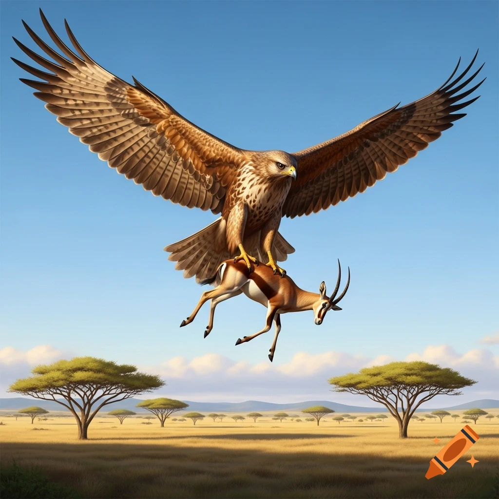 A giant hawk with spread wings carrying a small antelope over a sunny savanna landscape with acacia trees.