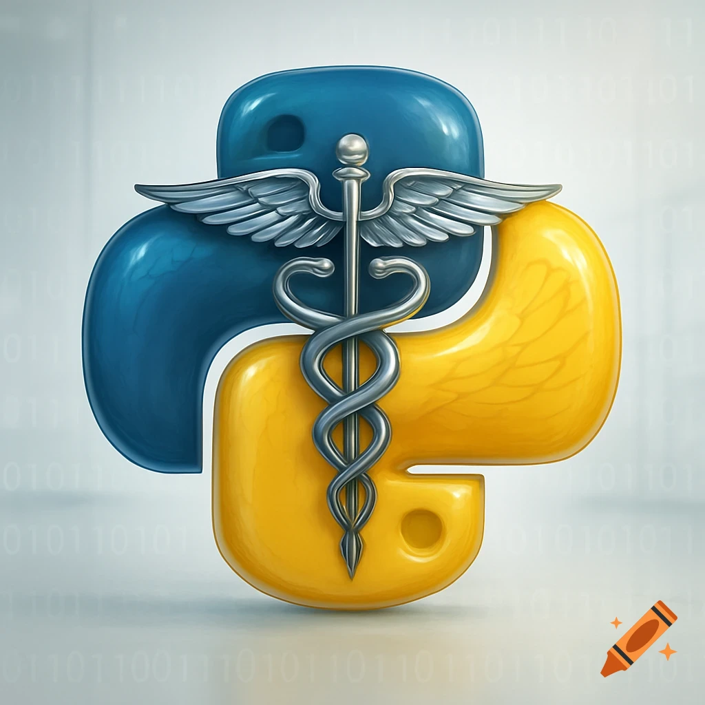 Glossy 3D Python programming logo intertwined with a silver caduceus medical symbol against a light background with subtle binary code.