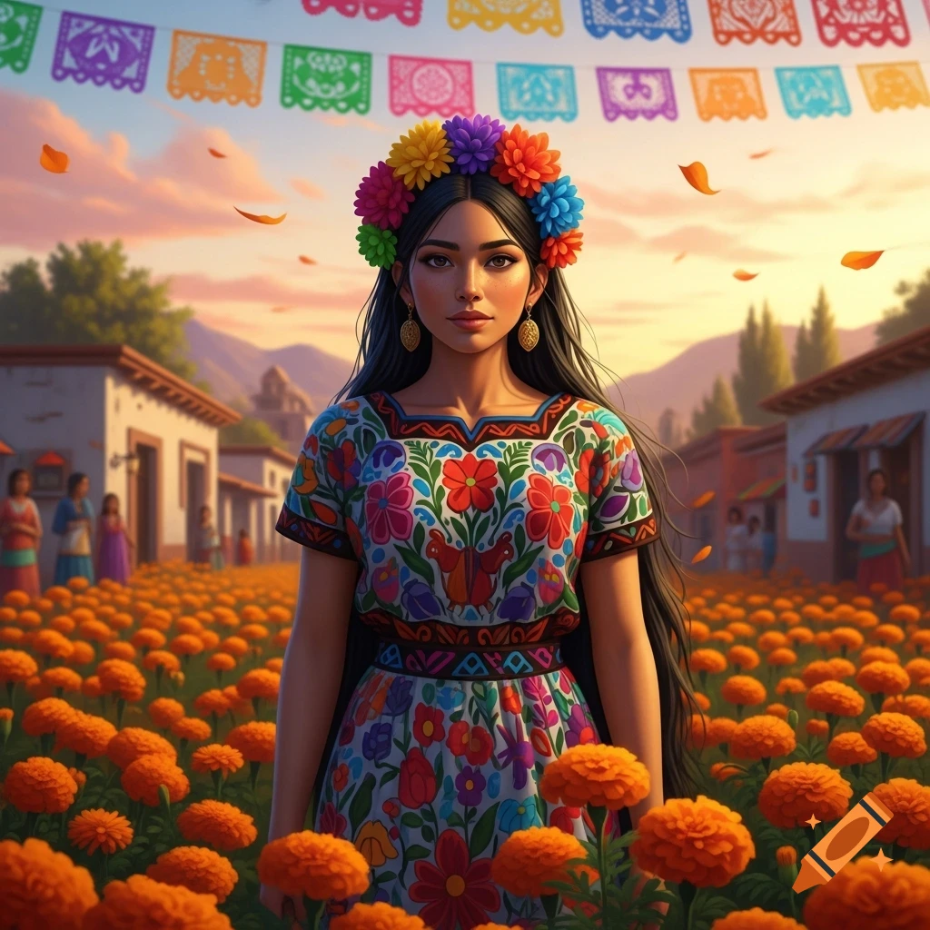 A beautiful woman in an embroidered dress and a colorful flower crown stands in a marigold field under papel picado banners at sunset.