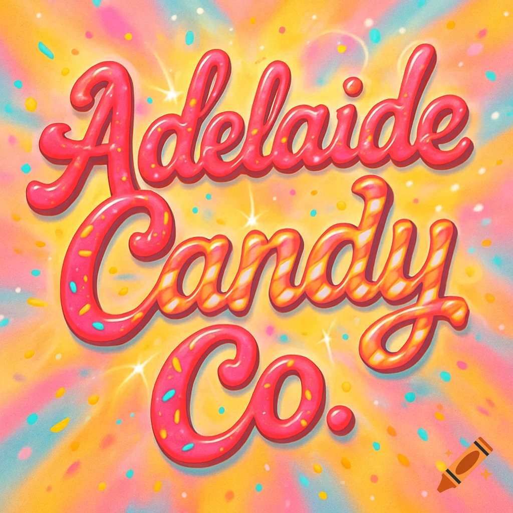 Adelaide Candy Co. in glossy, sprinkle-covered letters on a vibrant pink, yellow, and blue burst background with confetti.