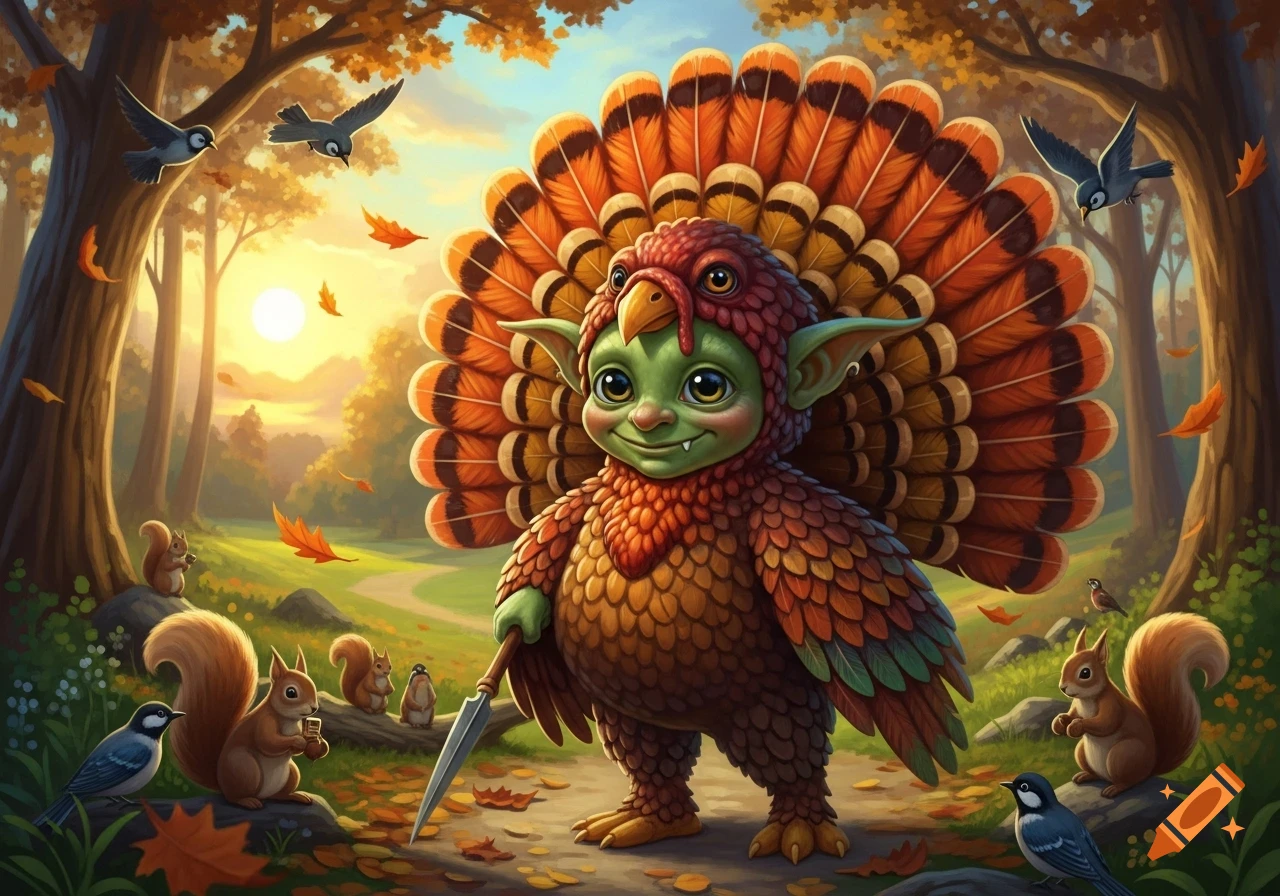 A whimsical green goblin in a turkey costume stands on an autumn forest path with squirrels and birds, during sunset.