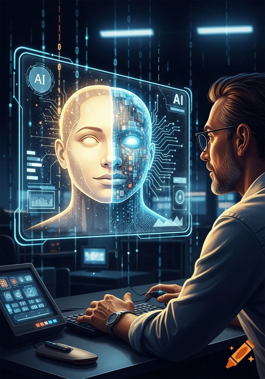 A man in glasses works at a computer, focused on a glowing holographic display of a human-circuit hybrid AI face in a dark, futuristic setting.