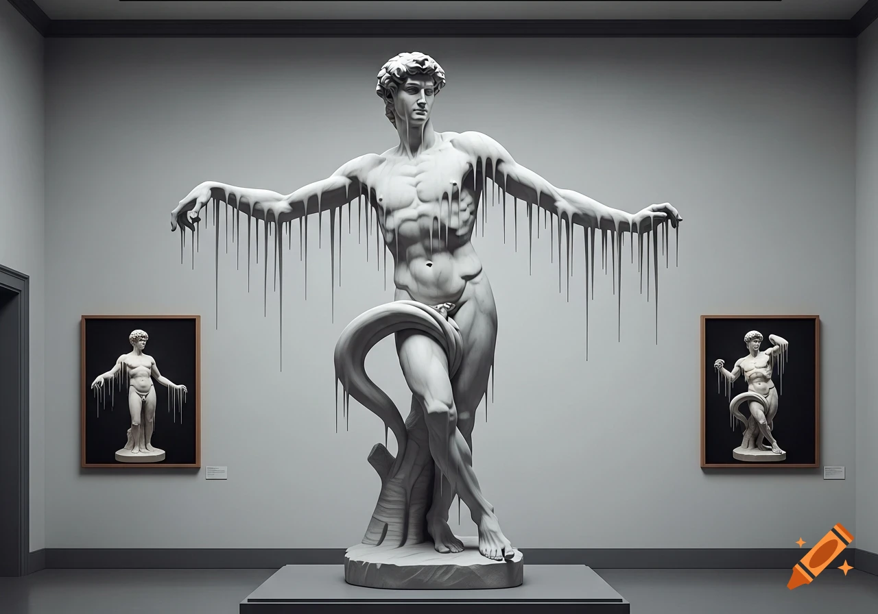 A white marble statue, similar to David, drips black liquid in a modern museum. Two smaller framed versions hang on the wall.